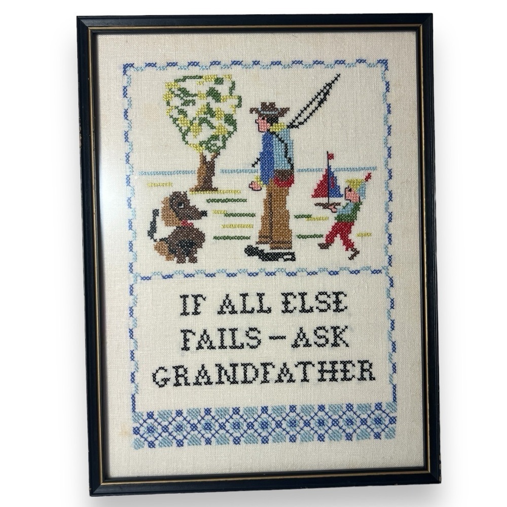“If All Else Fails- Ask Grandfather” Framed Cross Stitch Vintage 1975